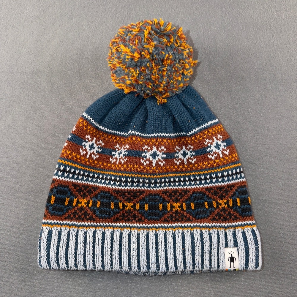 Smartwool Chair Lift Beanie Unisex Blue Orange Fair Isle Knit Pom Pom Hat